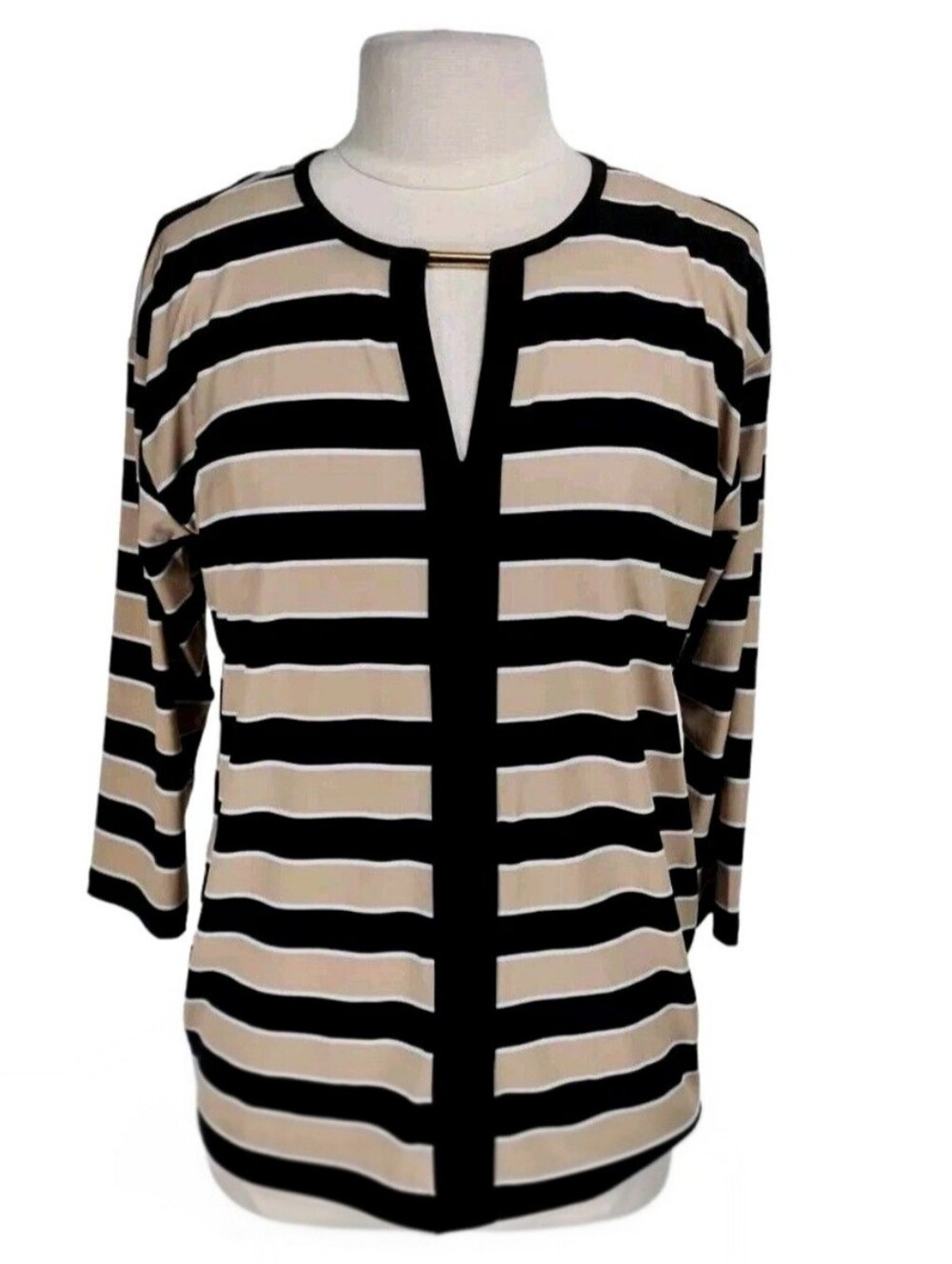 🌺 Michael Kors Striped Black and Beige Jersey XL EUC Top - Classic 3/4 Sleeve